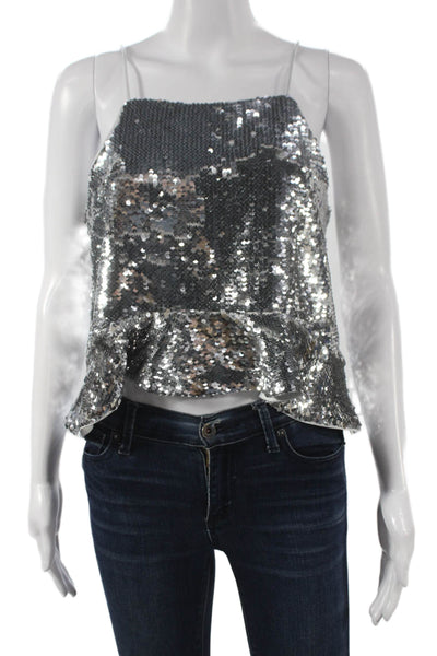 Ganni Women Sleeveless Camisole Silver Polyester Square Neck Pullover Size 36