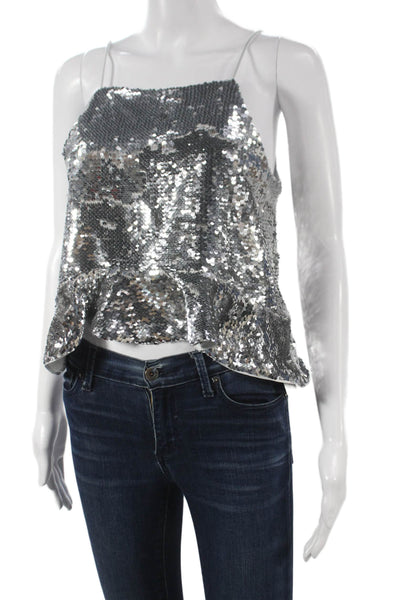 Ganni Women Sleeveless Camisole Silver Polyester Square Neck Pullover Size 36