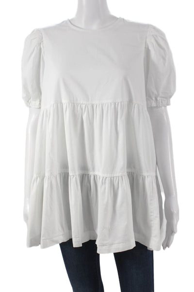 Danielle Bernstein Women Tunic Blouse White Round Neck Short Sleeve Size M