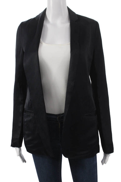Not Available Women Black Blazer 76% Viscose 24% Linen Long Sleeve Size 0
