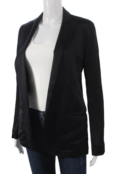 Not Available Women Black Blazer 76% Viscose 24% Linen Long Sleeve Size 0