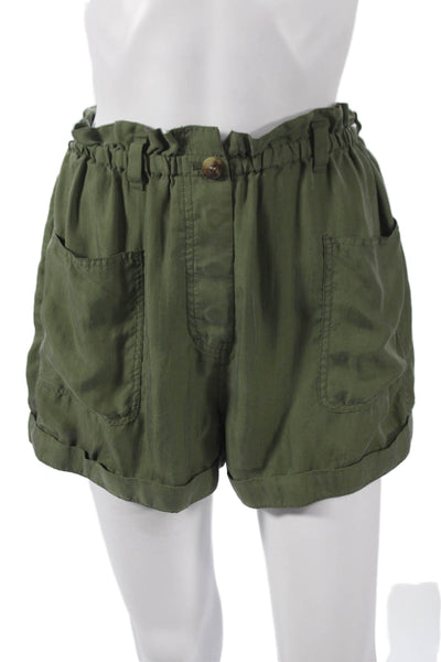 Unsubscribed Womens Paperbag Shorts Green Silk Button Size S