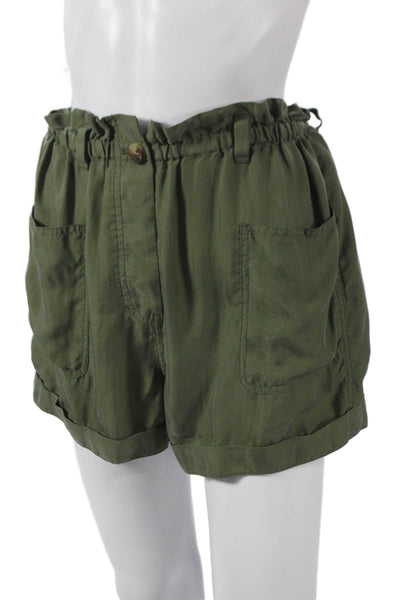 Unsubscribed Womens Paperbag Shorts Green Silk Button Size S