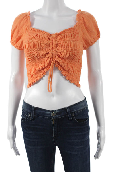 Olivaceous Womens Cropped Blouse Orange Square Neck Short Sleeve Cotton Size M