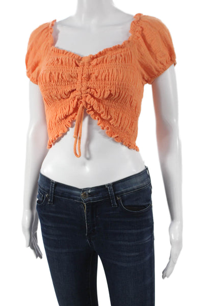 Olivaceous Womens Cropped Blouse Orange Square Neck Short Sleeve Cotton Size M
