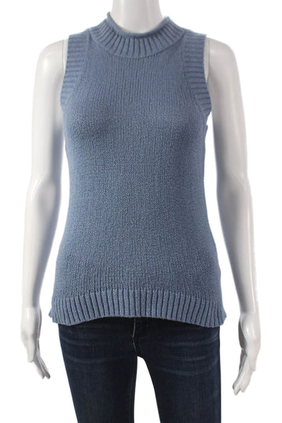 Tribal Women Mock Neck Sleeveless Cotton Vest Blue Size XS