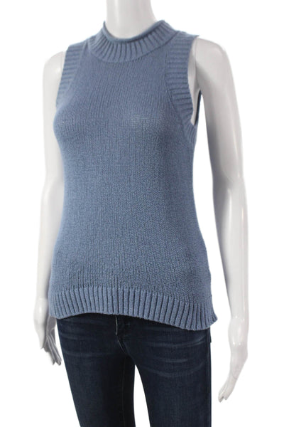 Tribal Women Mock Neck Sleeveless Cotton Vest Blue Size XS