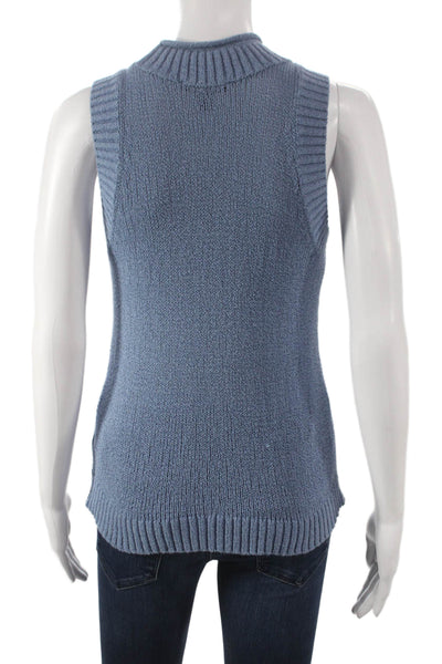 Tribal Women Mock Neck Sleeveless Cotton Vest Blue Size XS