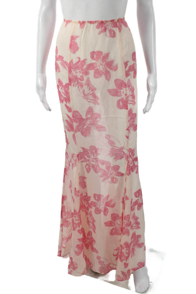 Kiki De Montparnasse Women Maxi Floral Silk Elastane Skirt Pink Size S