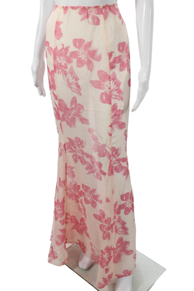 Kiki De Montparnasse Women Maxi Floral Silk Elastane Skirt Pink Size S