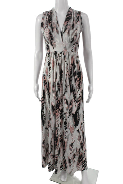 Veronica M Women Maxi Dress Gray Abstract V-Neck Sleeveless Polyester Size XS