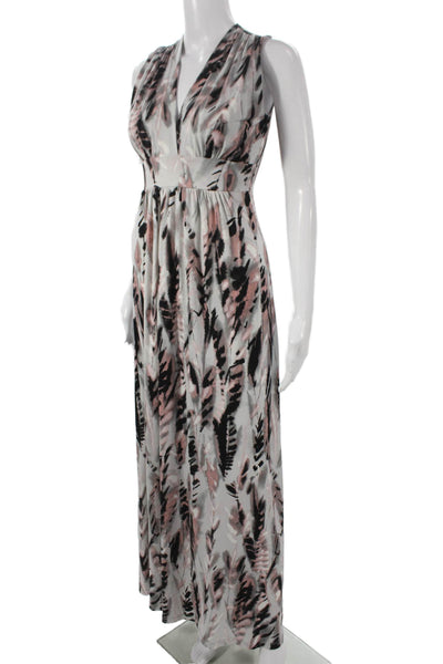 Veronica M Women Maxi Dress Gray Abstract V-Neck Sleeveless Polyester Size XS