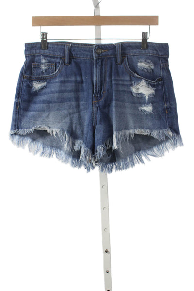 Hidden Women Cut-Off Blue Cotton Button Shorts Size M