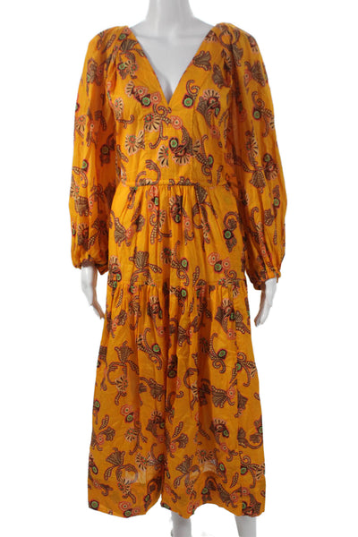 A.L.C. Womens Maxi Dress Orange Paisley V-Neck Long Sleeve Cotton Size 6