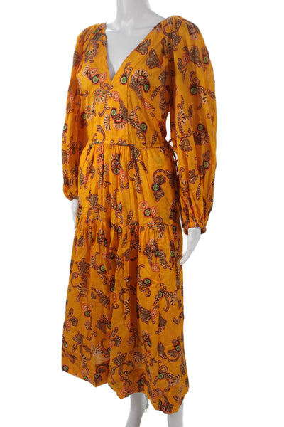 A.L.C. Womens Maxi Dress Orange Paisley V-Neck Long Sleeve Cotton Size 6