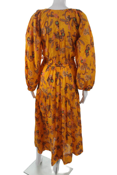 A.L.C. Womens Maxi Dress Orange Paisley V-Neck Long Sleeve Cotton Size 6