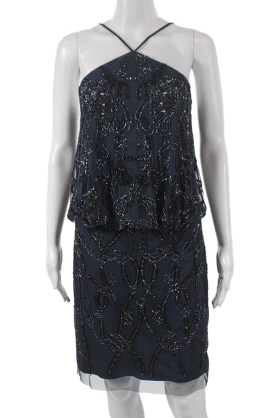 Aidan Mattox Womens Blue Halter Blouson Knee Length Dress Size 8