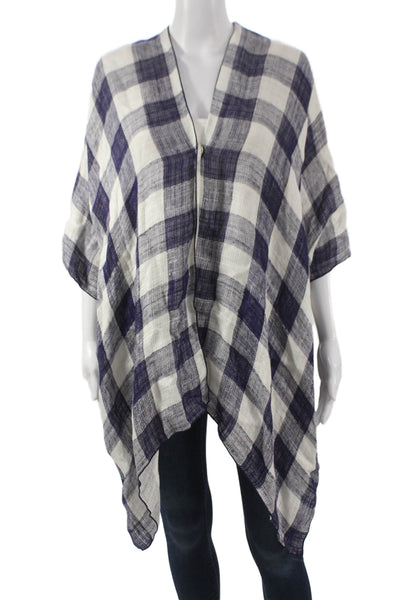Piazza Sempione Women Kimono Linen V-Neck Plaid 3/4 Sleeve Blue Size One Size