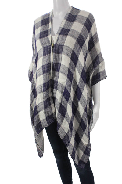 Piazza Sempione Women Kimono Linen V-Neck Plaid 3/4 Sleeve Blue Size One Size