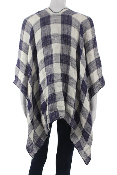 Piazza Sempione Women Kimono Linen V-Neck Plaid 3/4 Sleeve Blue Size One Size