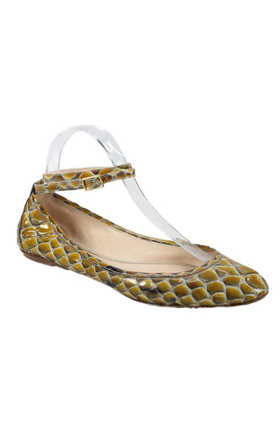 Loeffler Randall Womens Snakeskin Print Ankle Strap Flats Yellow Size 38 8