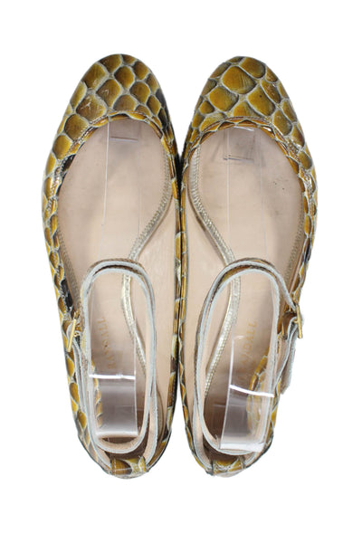Loeffler Randall Womens Snakeskin Print Ankle Strap Flats Yellow Size 38 8