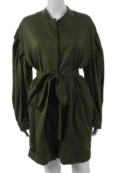 Heidi Merrick Womens Green Collared Button Romper Long Sleeve Solid Size L