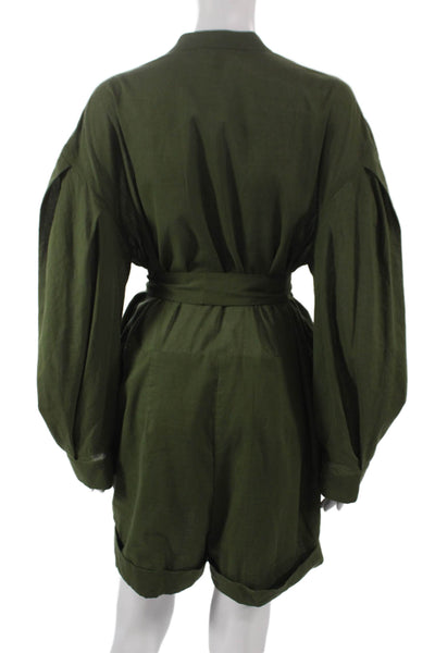 Heidi Merrick Womens Green Collared Button Romper Long Sleeve Solid Size L