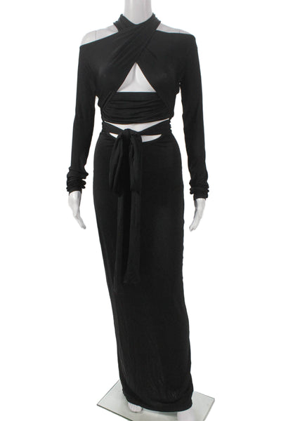 LaPointe Women Maxi Halter Long Sleeve Black Dress Zip 94% Acetate Size 0
