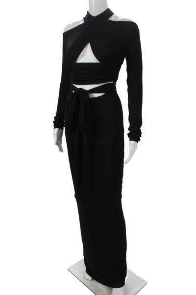 LaPointe Women Maxi Halter Long Sleeve Black Dress Zip 94% Acetate Size 0