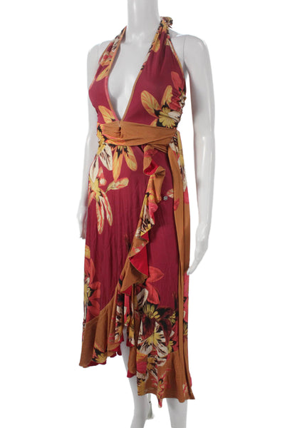 PatBO Womens Multicolor Floral Halter Wrap Dress Midi Sleeveless Size XS