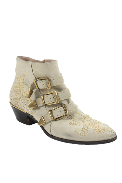 Chloe Womens Side Zip Block Heel Studded Ankle Boots Beige Suede Size 40