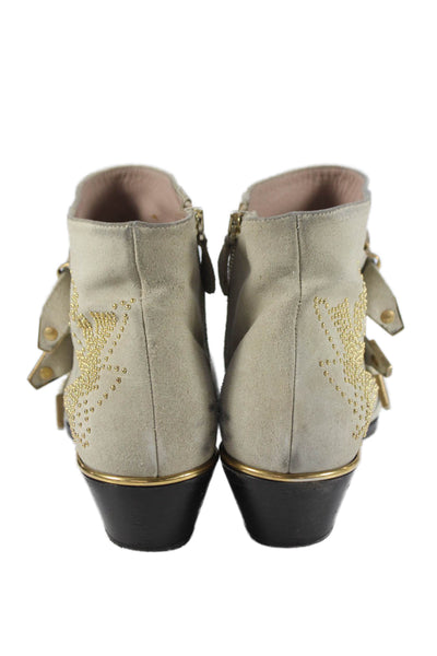 Chloe Womens Side Zip Block Heel Studded Ankle Boots Beige Suede Size 40