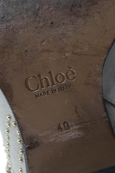 Chloe Womens Side Zip Block Heel Studded Ankle Boots Beige Suede Size 40