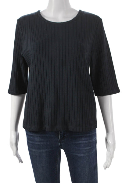 Vince Women Basic Black Striped T-Shirt 3/4 Sleeve Cotton Blend Size XL