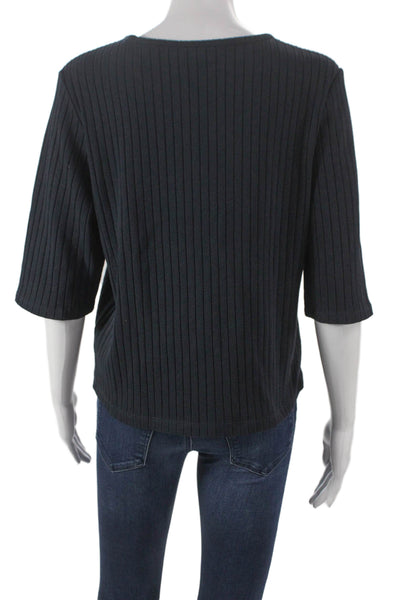 Vince Women Basic Black Striped T-Shirt 3/4 Sleeve Cotton Blend Size XL