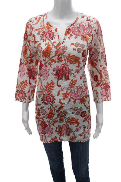 Roller Rabbit Womens Tunic Floral V-Neck 3/4 Sleeve Multicolor Cotton Size M