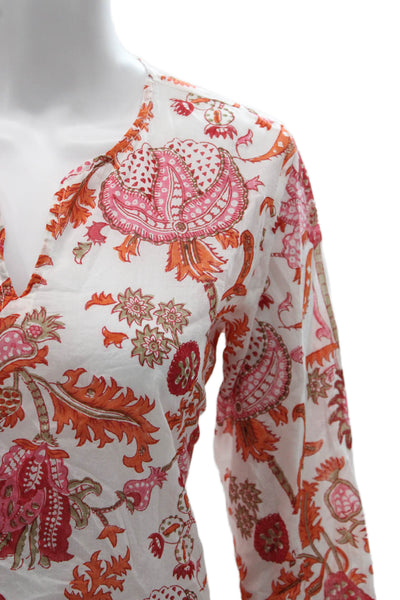 Roller Rabbit Womens Tunic Floral V-Neck 3/4 Sleeve Multicolor Cotton Size M