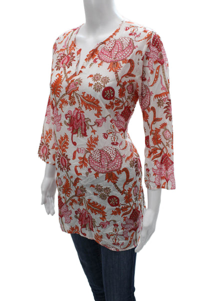 Roller Rabbit Womens Tunic Floral V-Neck 3/4 Sleeve Multicolor Cotton Size M