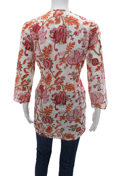 Roller Rabbit Womens Tunic Floral V-Neck 3/4 Sleeve Multicolor Cotton Size M