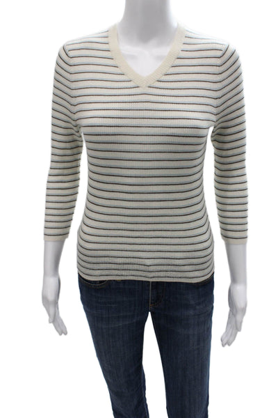 Vince Womens Ivory Cashmere Pullover V Neck Striped 3/4 Sleeve Size XS Petite