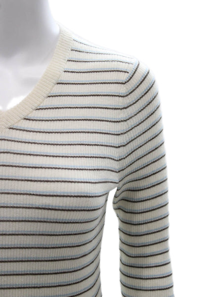 Vince Womens Ivory Cashmere Pullover V Neck Striped 3/4 Sleeve Size XS Petite