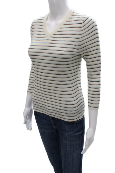 Vince Womens Ivory Cashmere Pullover V Neck Striped 3/4 Sleeve Size XS Petite