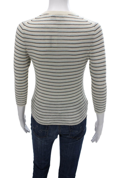 Vince Womens Ivory Cashmere Pullover V Neck Striped 3/4 Sleeve Size XS Petite