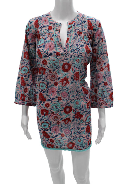Tuckernuck Womens Pink V-Neck Floral Shift Dress 3/4 Sleeve 100% Cotton Size XS