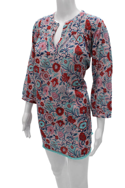 Tuckernuck Womens Pink V-Neck Floral Shift Dress 3/4 Sleeve 100% Cotton Size XS