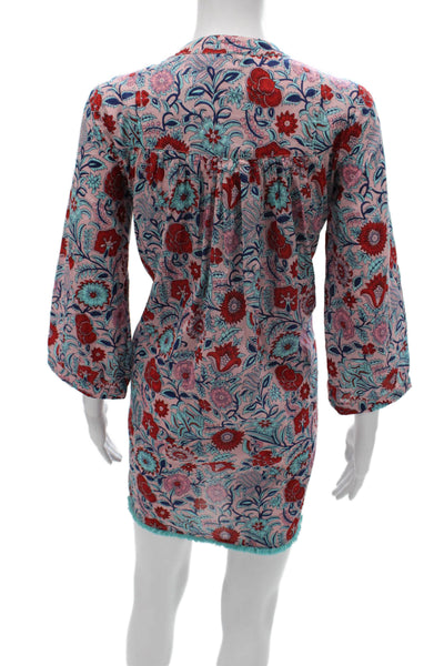 Tuckernuck Womens Pink V-Neck Floral Shift Dress 3/4 Sleeve 100% Cotton Size XS