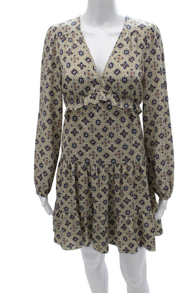 Veronica Beard Womens Mini Silk V Neck Long Sleeve Multicolor Dress Size 4