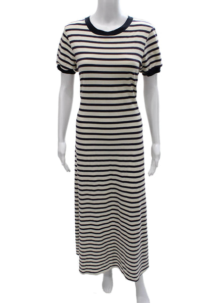 Gallabia Women Kaftan Dress Blue Striped Cotton Round Neck Short Sleeve Size S