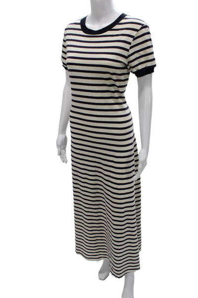 Gallabia Women Kaftan Dress Blue Striped Cotton Round Neck Short Sleeve Size S